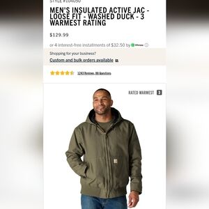Carhartt Men's Insulated Performance Hooded Jacket - Washed Olive 2XL- XXL